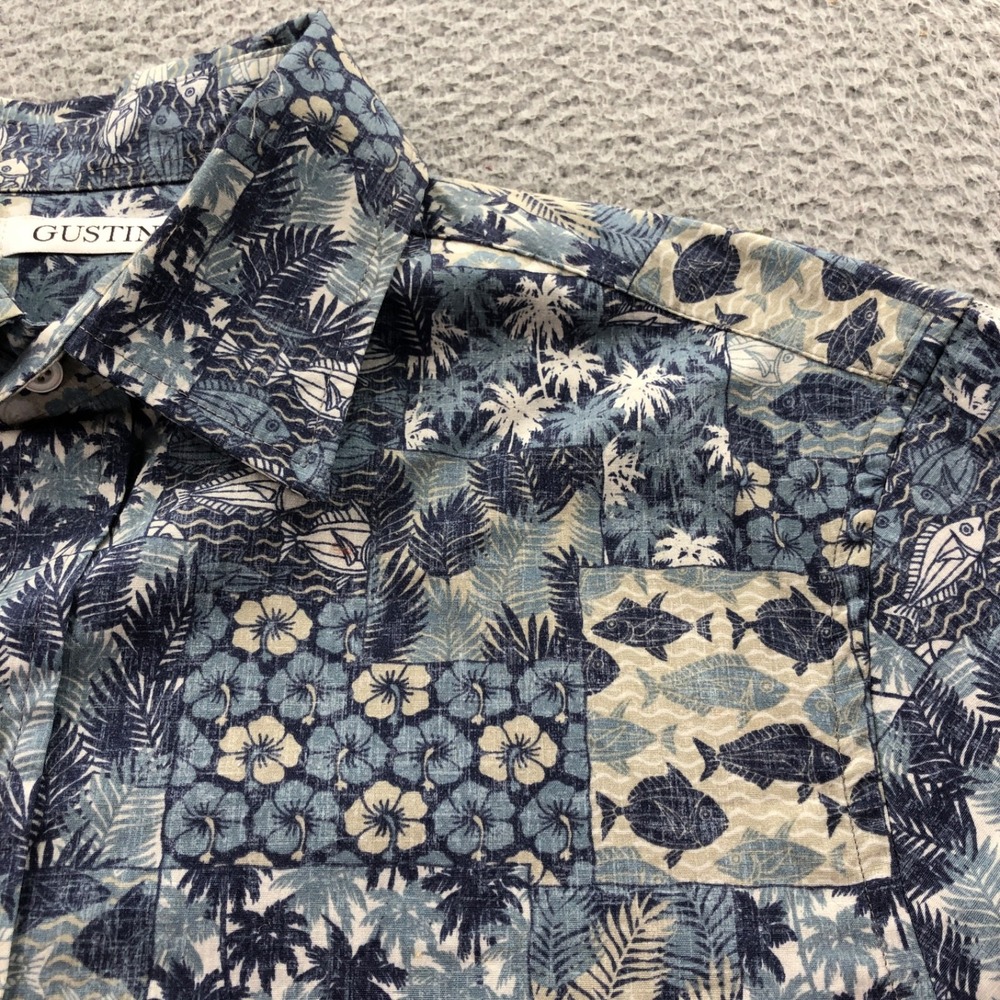 Gustin Shirt Mens Medium Blue Fish Tropical Floral Print Short Sleeve Button Up